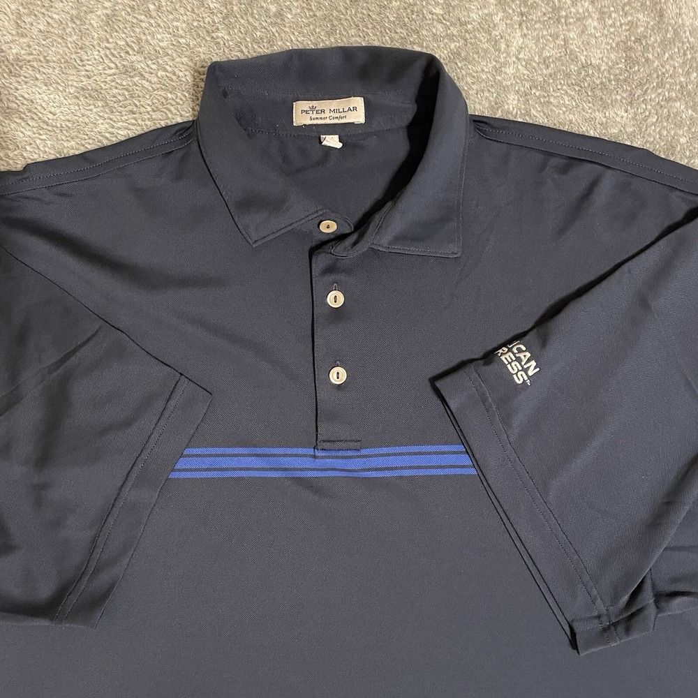 Peter Millar Summer Comfort XL Polo Blue Stripe Shirt Logo Golf Breathable EUC